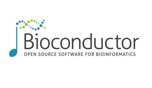 The Bioconductor logo, with the tagline "Open source software for bioinformatics". It depicts a musical crotchet note with a double helix from the top of it, travelling to the right.