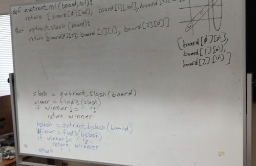 A photograph of a whiteboard from one of the Institute's Serious Programming courses. It contains some handwritten Python code and a diagram of a noughts-and-crosses board with some winning lines annotated.