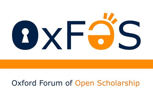 A wordmark for OxFOS, mostly in dark blue on a white background, then a horizontal line and the phrase "Oxford Forum of Open Scholarship" below it.

The first "O" has a keyhole in it, and the second "O" is a padlock being unlocked with rays coming our of it for effect.

The line and second "O" as well as the phrase "Open Scholarship" are all in orange.