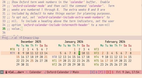 A screenshot of Emacs with a yellowish light theme. An editor panel is open at the top, and a calendar panel at the bottom, showing University of Oxford week names alongside the dates for three months. The editor panel contains a comment describing the use of the calendar (it's Prot's oxford-calendar package).